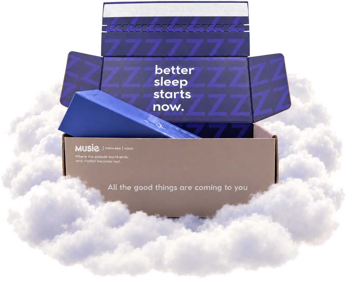 Opened Musie box resting on clouds, reading better sleep starts now